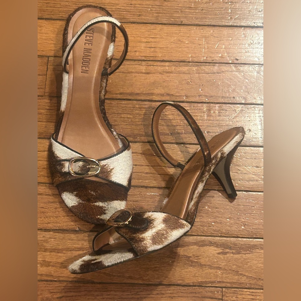Steve Madden Brown and Cream cow print Heeled Sandals size 9 - Picture 4 of 10
